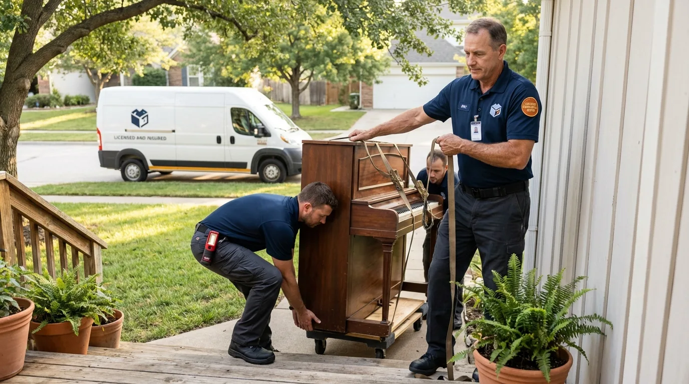 Licensed piano movers securing grand piano in Redondo Beach, CA