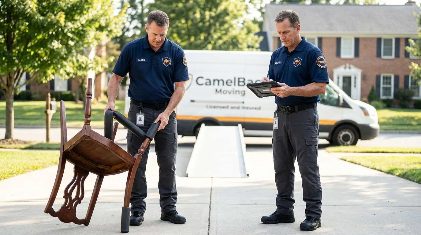Movers inspecting furniture for damage prevention before loading in Redondo Beach, CA