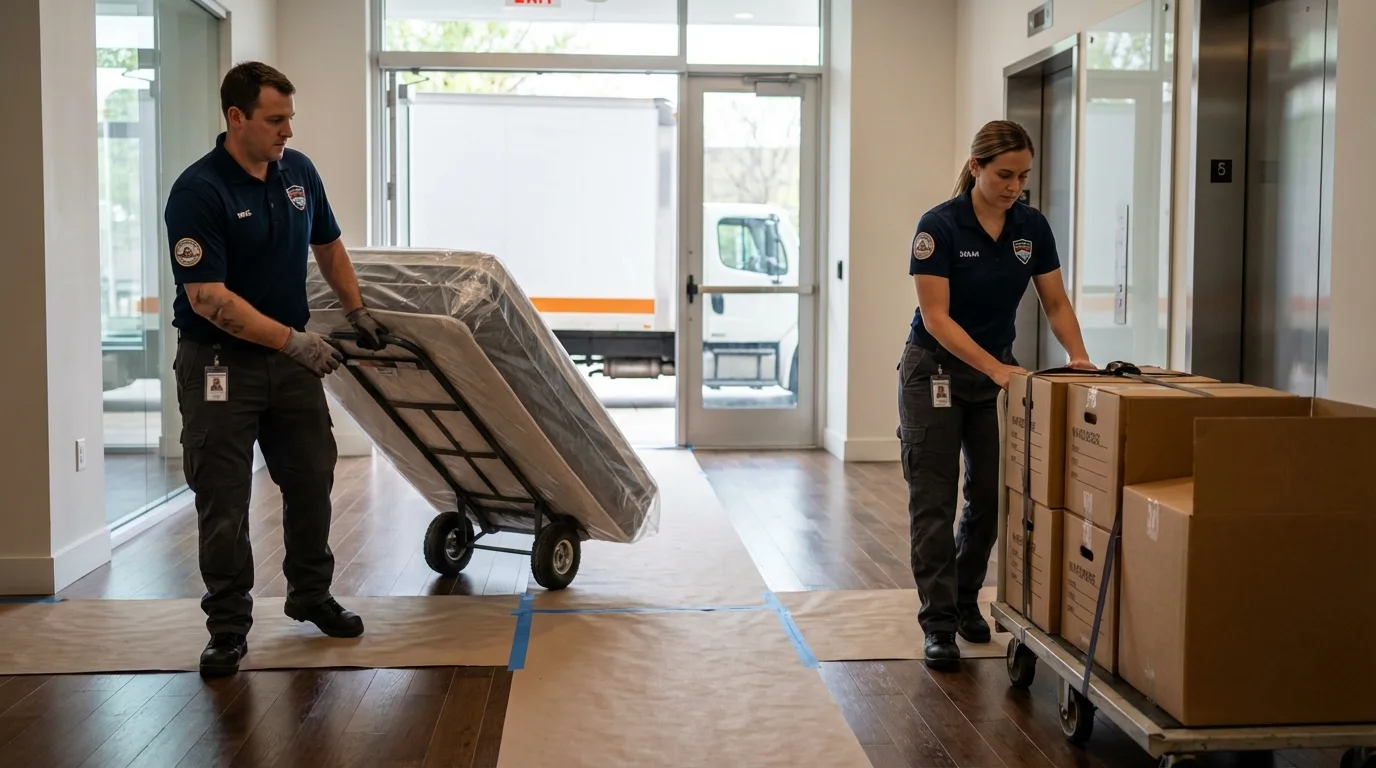 Professional apartment movers loading elevator in Redondo Beach, CA